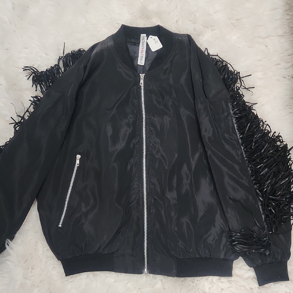 Black Fringe Bomber Jacket